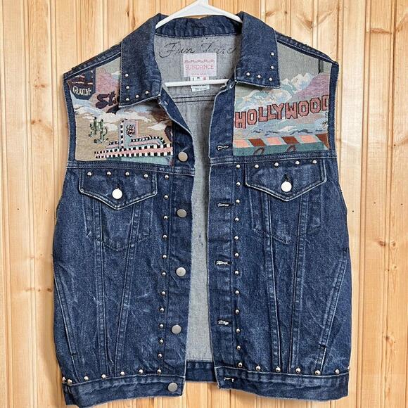 VTG Sundance Vest Denim Needlepoint Route 66 Get Your Kicks Hollywood USA Sz M - Picture 15 of 15